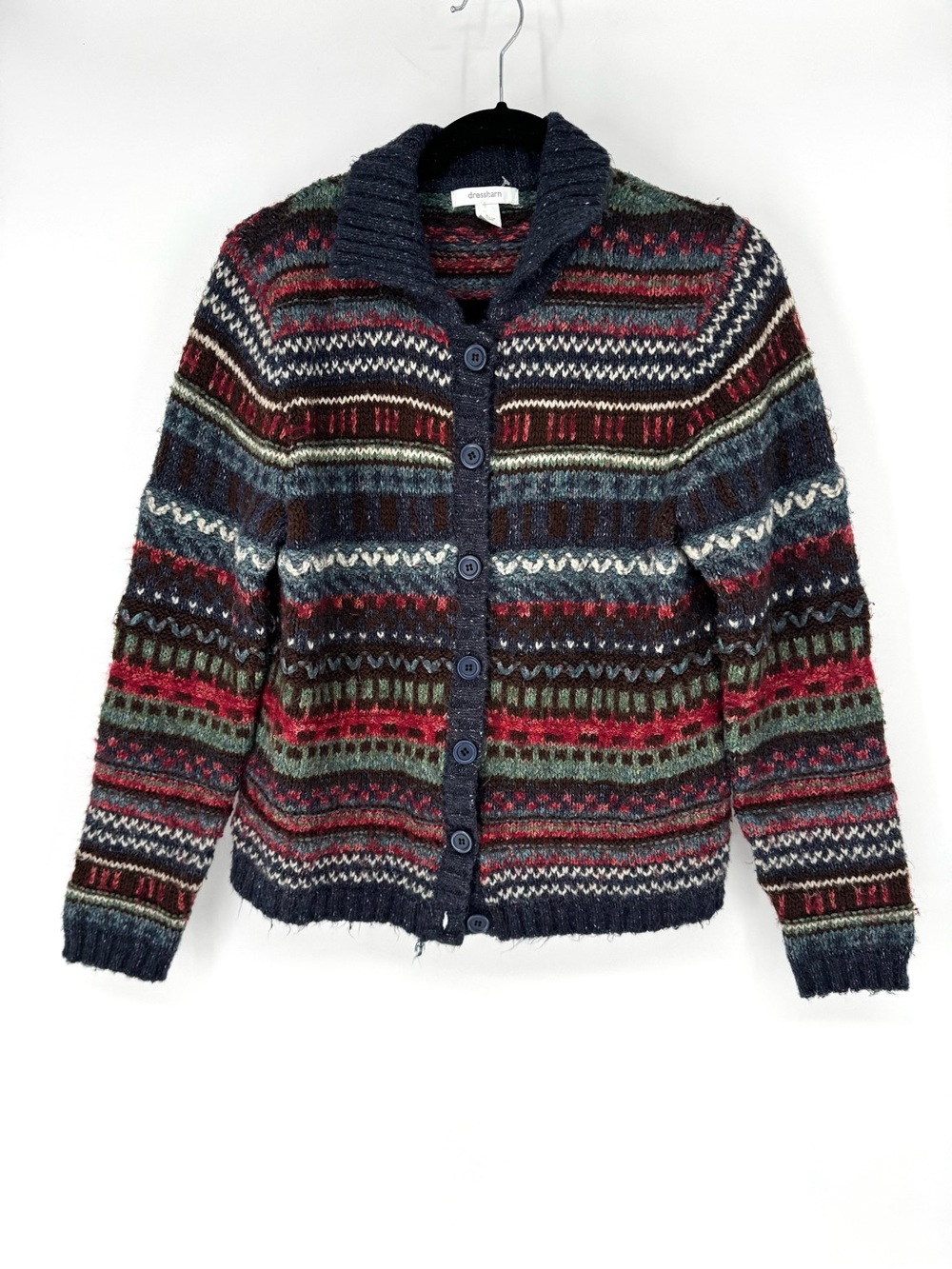 dressbarn Multicolor Fair Isle Shawl Collar Cardigan